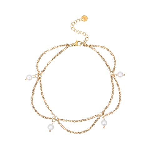 18K Gold Plated Waterproof Summer Beach Ankle Bracelets for Women | Starfish Sea Shell Pearls CZ Diamond Dangle Anklets - style: 4 Pearls Drop-Gold