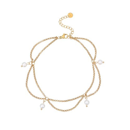 18K Gold Plated Waterproof Summer Beach Ankle Bracelets for Women | Starfish Sea Shell Pearls CZ Diamond Dangle Anklets - style: 4 Pearls Drop-Gold