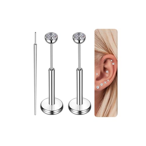 Gotumo 16G 18G 20G Flat Back Earrings Stud Titanium Threadless Nose Rings Tragus Labret Cartilage Lip Medusa Conch Body Piercing Jewelry Hypoallergenic for Women Men - color: Silver, size: 16G Bar Lengths 7mm & CZ 2mm