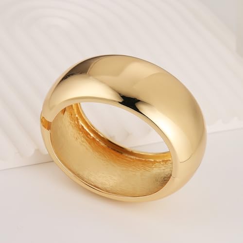 HZMAN Chunky Gold Cuff Bracelets for Women Thick Wide Bangle Bracelet Hammered Open Hinge Wrist Cuff Bracelet Jewelry Gift - color: 05.Round Polished Gold