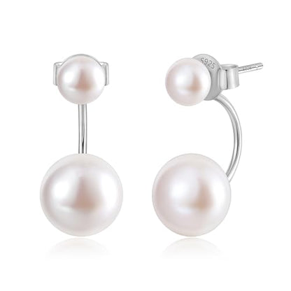 EAMTI Pearl Earrings for Women 925 Sterling Silver Double Freshwater Pearl Stud Drop Earrings Front Back Earring Jackets