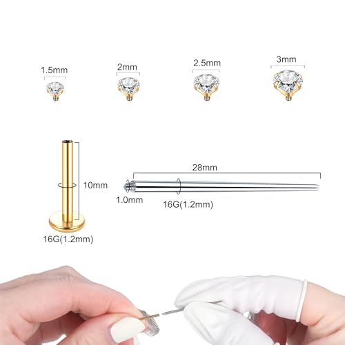 Xpircn Flat Back Stud Earrings 14K Gold Plated Internally Threaded CZ Stud Piercing Jewelry for Tragus Helix Cartilage Conch Nose Hypoallergenic Lip Labret Medusa Piercing 16G 18G - color: 16 Gauge, Gold, size: 10mm Bar