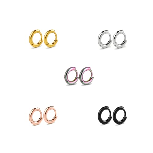 Small Gold Silver Hoop Earrings for Women Men | Stainless Steel Huggie Hoops Earring Stacks for Multiple Piercing 6mm-16mm - color: 6mm (5 Colors), 5 Pairs