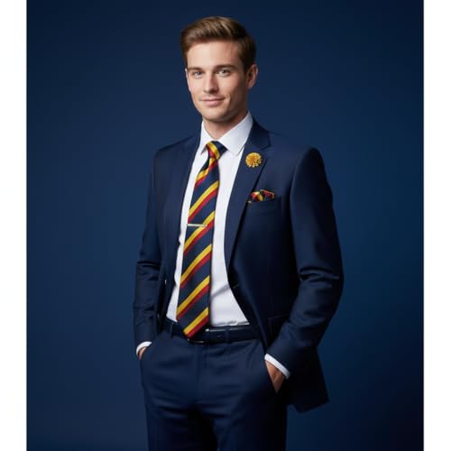5PCS Mens Silk Tie, Pocket Square, Cufflinks, Drilled Tie Ring and Lapel Pin Set for Wedding Groom Party - color: Yellow Red Tie Set -269
