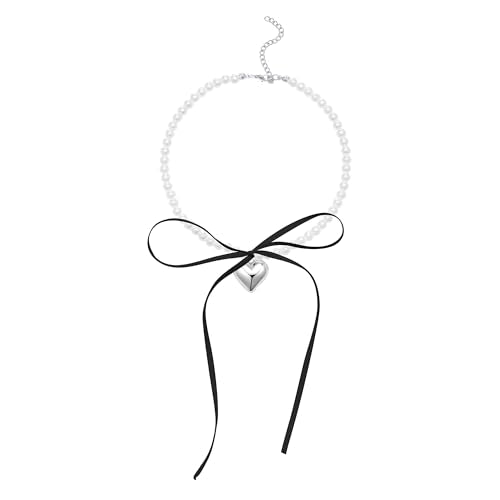 Pearl Ribbon Bow Choker Necklaces Y2k Coquette Necklace for Women - color: Black