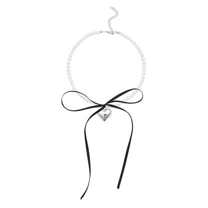 Pearl Ribbon Bow Choker Necklaces Y2k Coquette Necklace for Women - color: Black