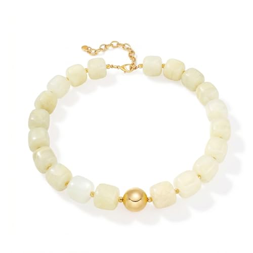 Chunky Beaded Necklace for Women Boho Statement Bead Necklace Adjustable Choker with Polished Disc/Square Beads Trendy Summer Beach Jewelry Gifts - color: White