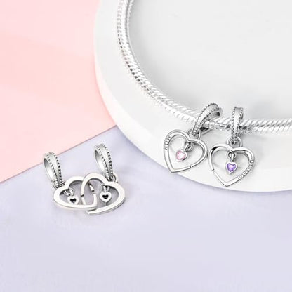 Hapour 925 Sterling Silver Charm for Bracelet Necklace Women Pendant Beads | Virgin Mary Charm, Religious Cross Heart Dragon European Jewelry Mom Charm - color: Silver Two Hearts