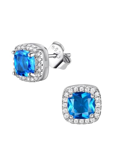 FindChic Birthstone Earrings for Women, Round/Heart/Square/Teardrop Earrings with 925 Sterling Silver Posts & Push Backs, Hypoallergenic Studs with Cubic Zirconia, 12 Months Jewelry with Gift Box - style: 12. December-Blue Topaz (Square)
