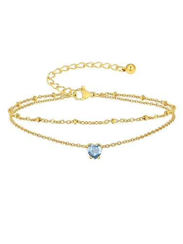 Suplight Gold Plated Butterfly Anklets for Women Waterproof, Layered Boho Ankle Bracelet with Birthstone, Stainless Steel Adjustable Non-Tarnish Heart Foot Jewelry Beach Vacation - color: 03. Heart-Mar. Aquamarine