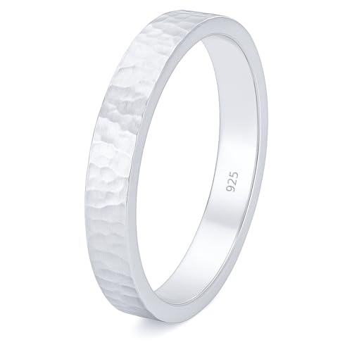 925 Sterling Silver Wedding Ring Hammered Flat Pipe Cut Textured Thick & Durable Handmade Unisex Mens & Women Rustic Engagement Promise Band - US Size 4-13 - Custom Engraving - color: 01 - 3mm Silver