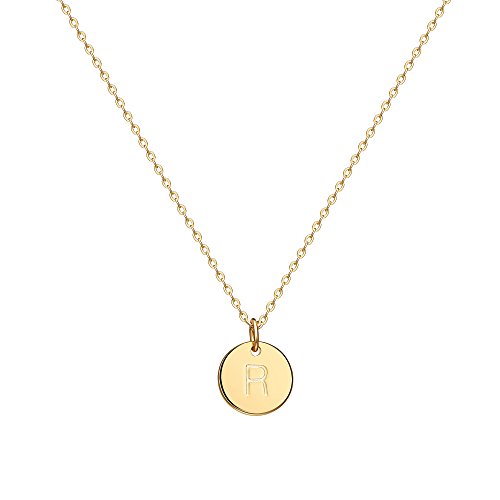 Valloey Rover Initial Necklaces for Women 14K Gold Plated Dainty Letter Necklce Round Coin Disc Pendant Double Side Engraved A-Z Necklace Personalized Jewelry Gift for Women - color: R