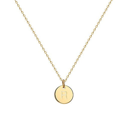 Valloey Rover Initial Necklaces for Women 14K Gold Plated Dainty Letter Necklce Round Coin Disc Pendant Double Side Engraved A-Z Necklace Personalized Jewelry Gift for Women - color: R