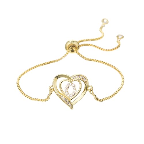 14K White Gold Plated Initial Heart Bracelet for Women Zircon Inlay Heart Initial Charm Bracelets Adjustable Minimalist Jewelry - color: O-gold