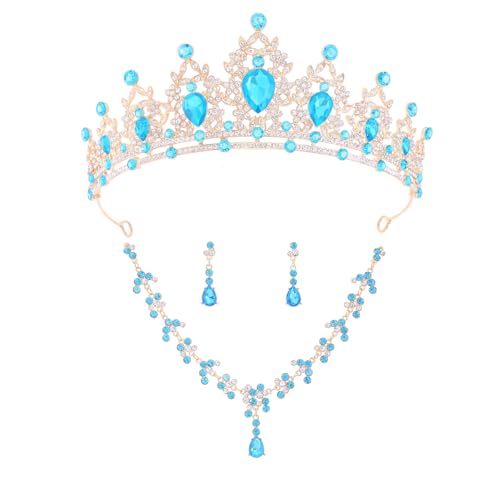 Crystal Crown and Tiara Jewelry Set for Women Bride with Necklace Earrings | Metal Rhinestone Royal Queen Princess Jewelry Set Wedding Quinceanera Pageant Prom Birthday Halloween Party Costume Gift - color: Light Blue