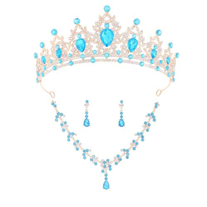 Crystal Crown and Tiara Jewelry Set for Women Bride with Necklace Earrings | Metal Rhinestone Royal Queen Princess Jewelry Set Wedding Quinceanera Pageant Prom Birthday Halloween Party Costume Gift - color: Light Blue