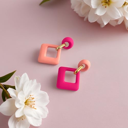 70s 80s Vintage Resin Neon Square Dangle Drop Earrings Simplicity Acrylic Hollow Round Circle Geometry Stud Earrings for Women - style: Pink Rose Red