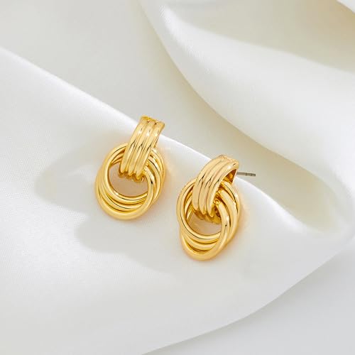 Gold Chunky Earrings for Women Geometric Knot Link Drop Dangle Earrings 14K Gold Plated Statement Earrings Trendy Gold Jewelry - color: Style 8-Gold