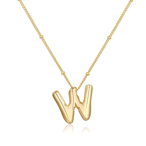 Gold Bubble Initial Necklace for Women Balloon Letter Necklace 18K Gold Plated Dainty Alphabet Pendant Puffy Name Personal Necklace - color: W