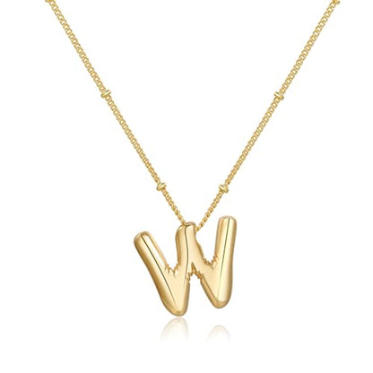 Gold Bubble Initial Necklace for Women Balloon Letter Necklace 18K Gold Plated Dainty Alphabet Pendant Puffy Name Personal Necklace - color: W