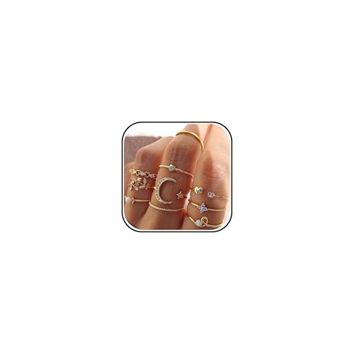Gold Stackable Ring Set for Women, Dainty Fashion Rings Set with Pearl, Crystal, Heart, Bow and Wave Design, Trendy Midi Finger Rings Jewelry Gift - color: A3