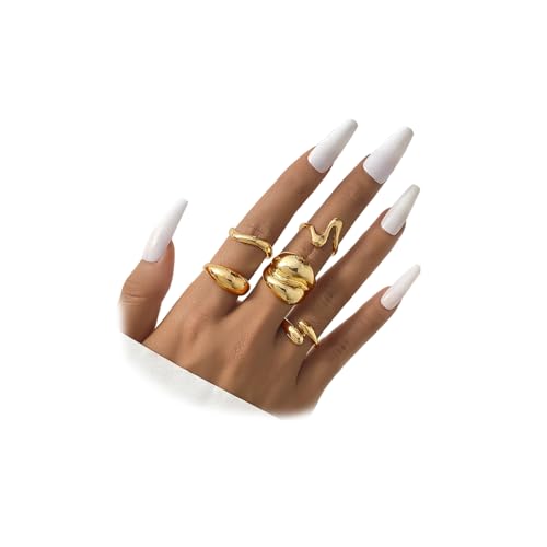Chunky Rings for Women Non Tarnish 14k Stackable Dome Statement Rings Sets Vintage Dainty Knuckle Open Midi Finger Rings Jewelry Pack Gifts - style: 5PCS