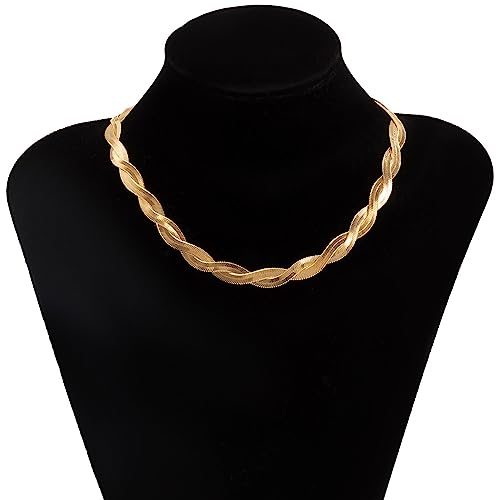 Gold Snake Chain Necklace Double Layer Twist Herringbone Choker Necklace Flat Herringbone Chain Necklace Layered Knot Snake Chain Collar Necklace Jewelry for Women Girls - color: Gold