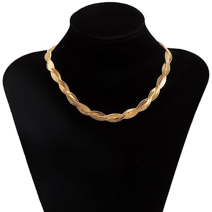 Gold Snake Chain Necklace Double Layer Twist Herringbone Choker Necklace Flat Herringbone Chain Necklace Layered Knot Snake Chain Collar Necklace Jewelry for Women Girls - color: Gold