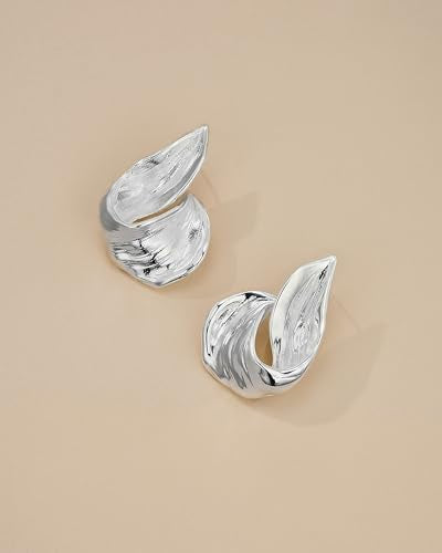 SNGIA 18K Gold Plated Chunky Statement Stud Earrings for Women by SNGIA, Geometric Square Triangle Irregular Knot Dome Earrings, Ribbed Ribbon Textured Gold Silver Fashion Jewelry Gift - style: Silver Plated, Curved