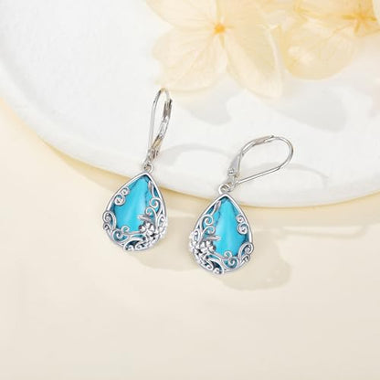 Black Onyx Earrings 925 Sterling Silver Black Onyx Dangle Drop Earrings Filigree Jewelry Gift for Women Girls - style: Turquoise