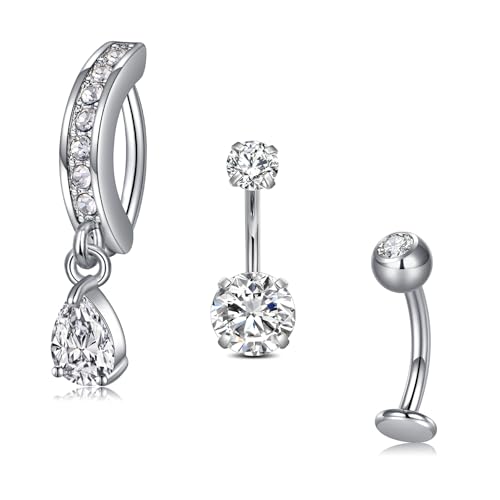 VCMART Belly Button Ring Belly Button Piercing Belly Rings Dangle Belly Button Rings Surgical Steel Clicker Floating Belly Button Rings for Women 14G Silver Gold Belly Navel Piercings Jewelry - color: A8 -3pcs, silver