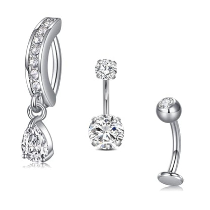 VCMART Belly Button Ring Belly Button Piercing Belly Rings Dangle Belly Button Rings Surgical Steel Clicker Floating Belly Button Rings for Women 14G Silver Gold Belly Navel Piercings Jewelry - color: A8 -3pcs, silver