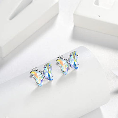 Aurora Tears Butterfly Necklace Earrings Ring Bracelet - Women 925 Sterling Silver Animal Butterflies Birthstone Pendant Crystal Wedding Birthday Jewelry - color: earrings-April-Diamond