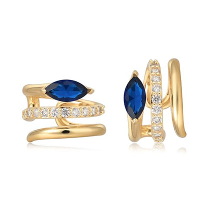 Gold Ear Cuff Earring for Women 14K Gold Plated Cubic Zirconia Non-Pierced Clip on Cartilage Chunky Ear Cuffs Hypoallergenic Jewelry - style: blue eye / pair