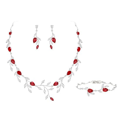 Cubic Zirconia Leaf Vine Wedding Jewelry Set for Bride Women Bridesmaid | Pear-Shaped Birthstone, Necklace Dangle Earrings for Bridesmaid, Silver-Plated-Brass - color: 3pcs_Red