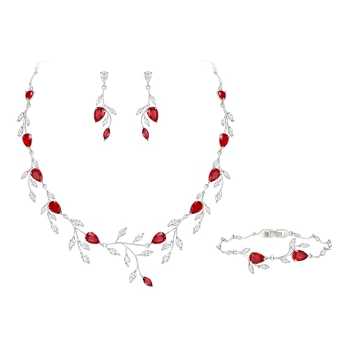 Cubic Zirconia Leaf Vine Wedding Jewelry Set for Bride Women Bridesmaid | Pear-Shaped Birthstone, Necklace Dangle Earrings for Bridesmaid, Silver-Plated-Brass - color: 3pcs_Red