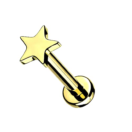 Pierced Owl 16GA Extra Petite 6mm Barbell F136 Implant Grade Titanium Internally Threaded Flat Star Top Flat Back Labret Stud - style: Gold Tone