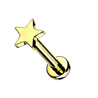 Pierced Owl 16GA Extra Petite 6mm Barbell F136 Implant Grade Titanium Internally Threaded Flat Star Top Flat Back Labret Stud - style: Gold Tone