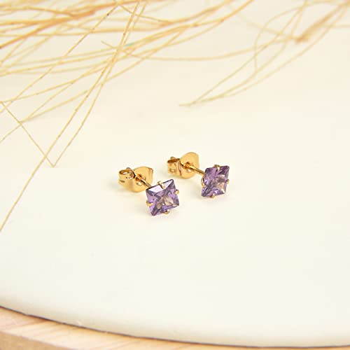 12 Pairs Surgical Stainless Steel Stud Earring Round Heart Star Square Cubic Zirconia Birthstone Stud Earrings Set for Women - color: Gold square 3mm