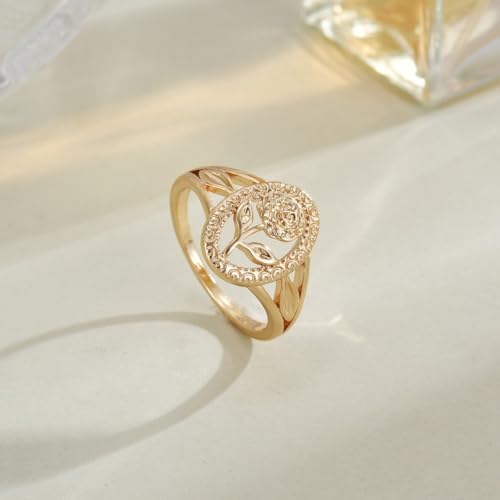 Flower Ring for Women, Vintage Hollow Gold Tone Oval Rose Band Cute Carved Floral Finger Ring Retro Statement Promise Anniversary Jewelry Gift