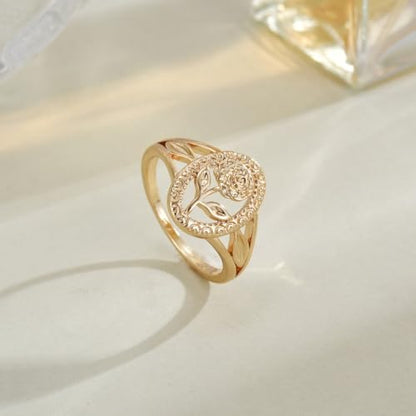 Flower Ring for Women, Vintage Hollow Gold Tone Oval Rose Band Cute Carved Floral Finger Ring Retro Statement Promise Anniversary Jewelry Gift