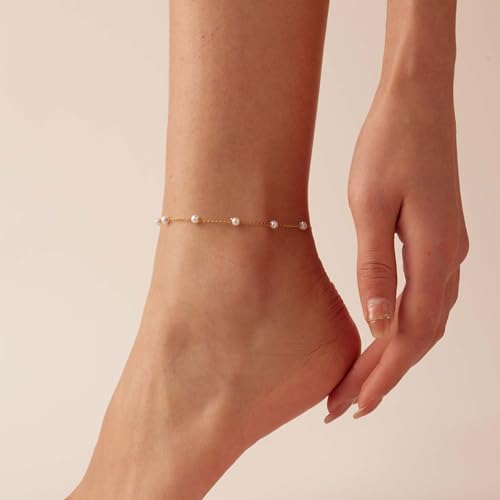 Anklets for Women, 18K Gold Plated Dainty Ankle Bracelets with Tennis, Pearl, Daisy, Lip, Snake Chain, Layered CZ Anklet Waterproof, Adjustable Boho Summer Beach Foot Jewelry - style: Pearl Anklet