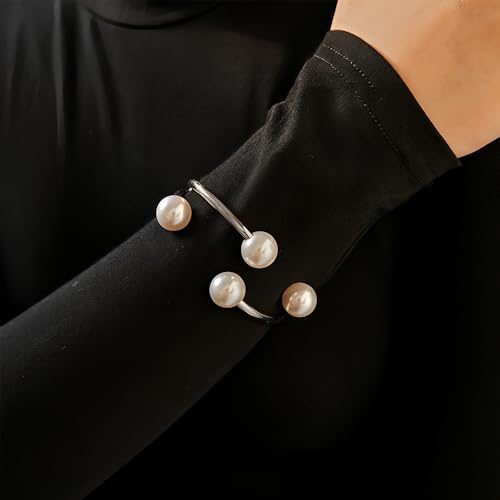 Gold Pearl Hand Cuff Bracelets for Women Chunky Large Pearls Cuffs Statement Bracelet Luxury Big Fake Faux Pearl Ball Handcuffs Jewelry Unique Pearly Gifts - color: Silver