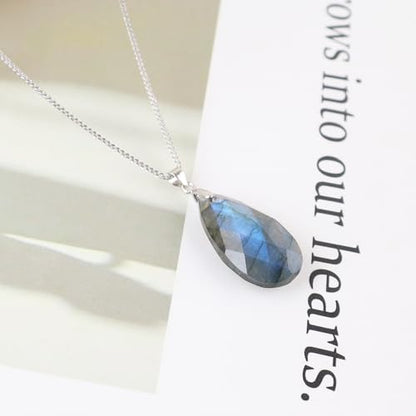 iSTONE 925 Sterling Silver Natural Crytral for Womens Pendant Necklace, Gemstone Birthstone with 17.8" Silver Chain Ladies - color: Labradorite- faceted