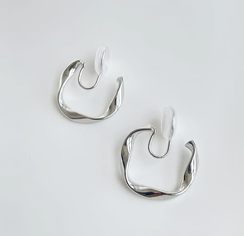 A Season Women Twisted Gold/Silver Round Clip On Hoop Earrings for Non Pierced Ears Hoops Earrings, Small/Medium/Large (Medium Silver)