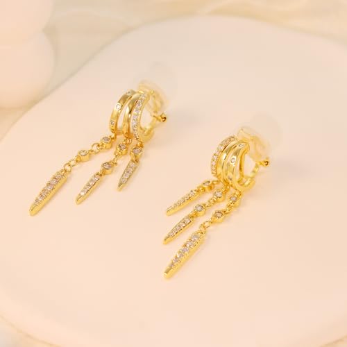 Clip On Earrings for Women Chain Moon Star Cross Hoop Dangle Earring No-Pierced Gold Silver - color: Long,Gold tone
