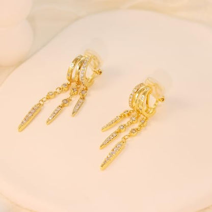 Clip On Earrings for Women Chain Moon Star Cross Hoop Dangle Earring No-Pierced Gold Silver - color: Long,Gold tone