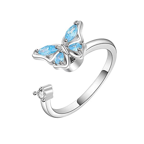 COLORFUL BLING Fidget Sunflower Evil Eye Daisy Spinner Stackable Rings Bee Butterfly Adjustable Open Rotatable CZ Cubic Zirconia Anti Stress for Women Wedding Jewelry - style: Butterfly