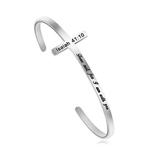 𝐂𝐫𝐨𝐬𝐬 𝐁𝐫𝐚𝐜𝐞𝐥𝐞𝐭 Religious Cuff Bangle 𝐁𝐢𝐛𝐥𝐞 𝐕𝐞𝐫𝐬𝐞 Christian Gifts Jewelry for 𝐖𝐨𝐦𝐞𝐧 - style: Silver cuff-Fear not, for I am with you -Isaiah 41:10