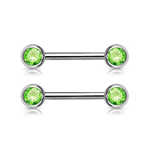 Forbidden Body Jewelry 14g Nipple Ring Barbells Set of 2, Pair of CZ 16mm (5/8 Inch) Barbells with 6mm Balls - color: Green